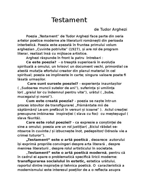 testament de tudor arghezi comentariu|testament idei principale.